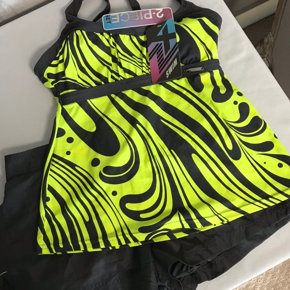 Two Piece Swimsuit Tankini Yellow Grey Gray Bright - Picture 1 of 8
